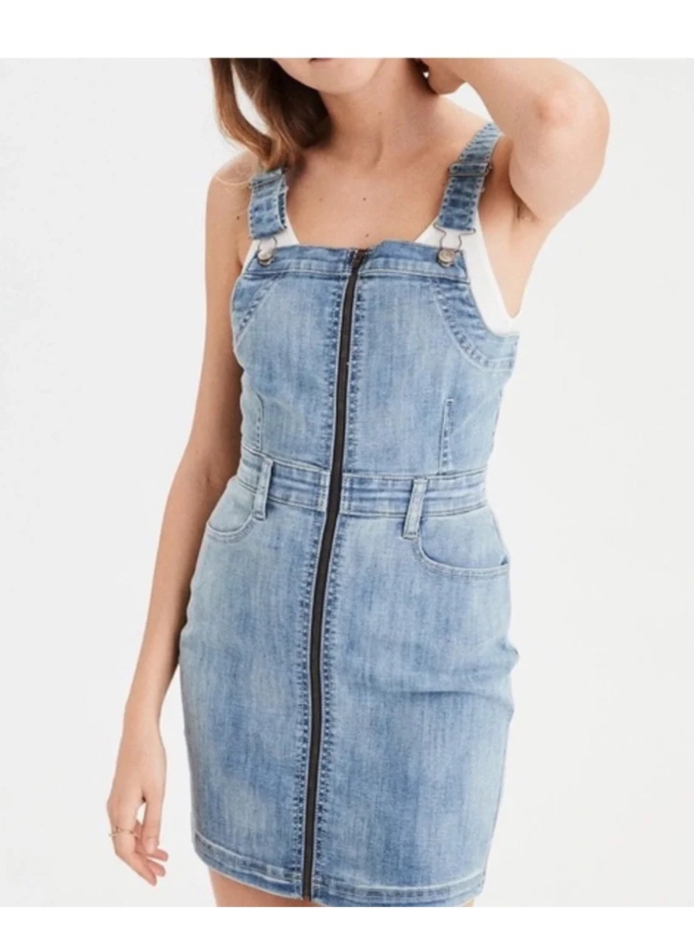 American Eagle Zip-Front Denim/Jean Stretch Overall Dress (Size 4)